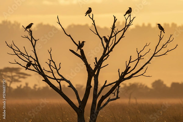 Fototapeta Silhouetted birds perch atop a bare tree against a warm hazy sunset