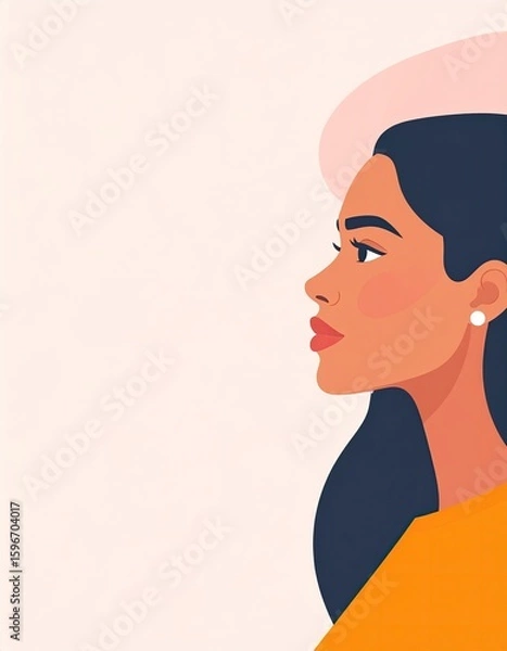 Fototapeta Stylized flat vector portrait of woman with neutral expression, positioned to the right side of the frame — left side left blank for editable text space, minimal layers for face, hair, clothing, and