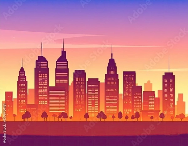 Obraz Urban skyline at sunset — flat color vector art with gradient sky and simple building outlines