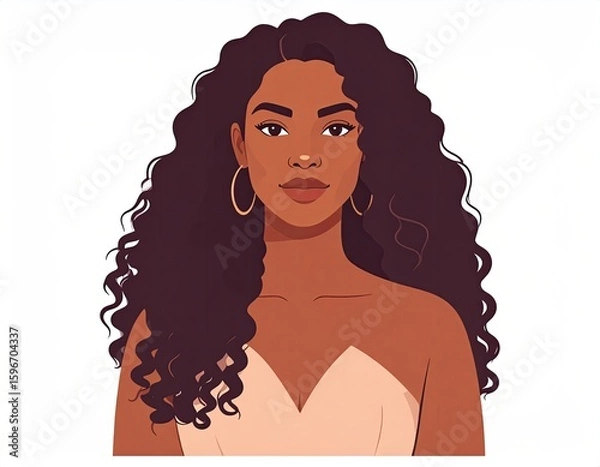 Fototapeta Vector portrait of a young woman with natural curls and a calm expression, stylized in flat mid-tone color blocks with minimal shading — modern editorial style