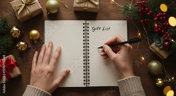 Obraz Close-up of hands writing a Christmas gift list in a notebook with festive decorations on the table, stock photography style.
