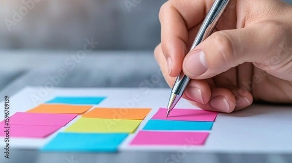 Obraz Hand Writing Down Ideas on Colorful Sticky Notes on Desk