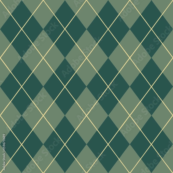 Fototapeta Argyle vector pattern. Dark green with thin slim golden dotted line. Seamless vivid geometric background for fabric, textile, men clothing, wrapping paper. Backdrop Little Gentleman party invite card