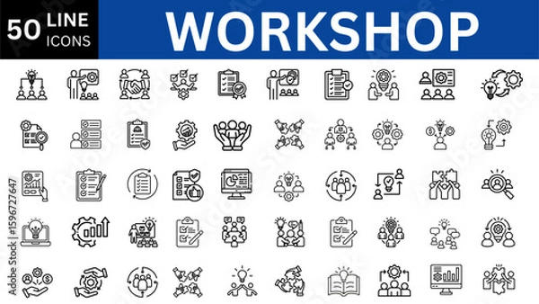 Fototapeta workshop icons, icon set of teamwork with coaching, training, meeting, simple symbols, linear vector illustration, outline editable stroke
