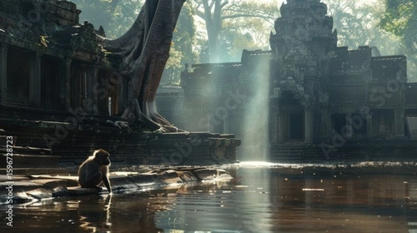 Fototapeta Serene Monkey by Ancient Tree near Mystic Temple in Sunrise Light
