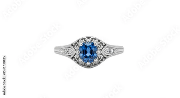 Fototapeta Elegant silver and diamond rings with blue topaz isolated on white background