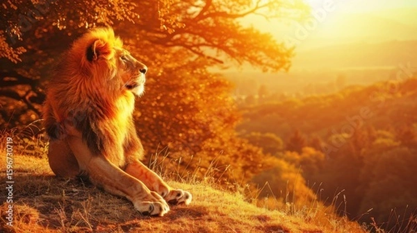 Fototapeta Majestic Lion Gazing at Sunset Over Lush Landscape in Golden Light