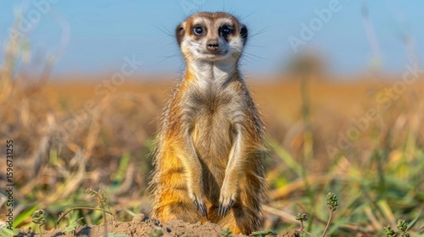 Fototapeta Alert Meerkat Standing Guard in a Natural Habitat Environment