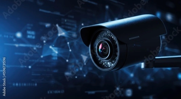 Fototapeta Close-up of a security camera with abstract digital network background.