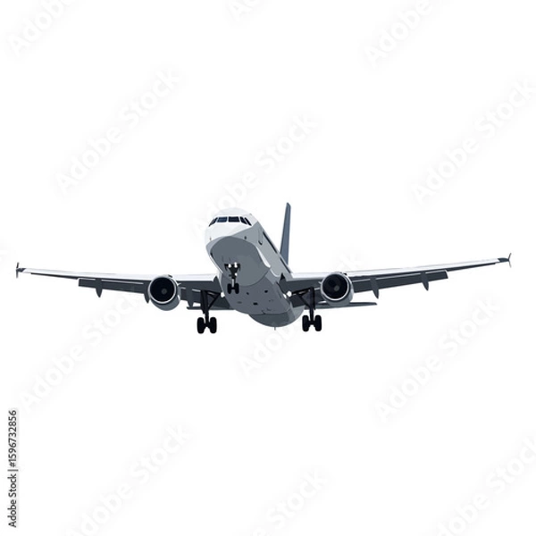 Fototapeta An airplane is flying straight ahead, with its landing gear down against a white background.