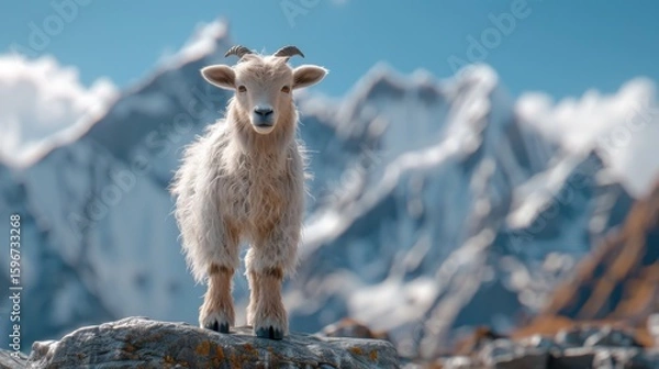 Fototapeta Cute Baby Goat Standing on Rock Against Majestic Mountain Backdrop