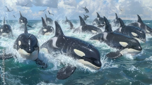 Fototapeta A Pod of Orcas Swimming Gracefully in Ocean Waters Under Clouds