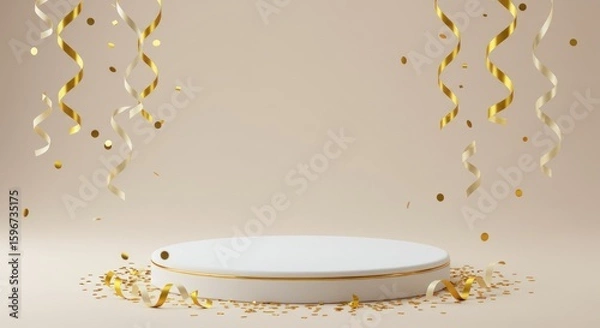 Fototapeta White podium with gold confetti and streamers against a beige background.