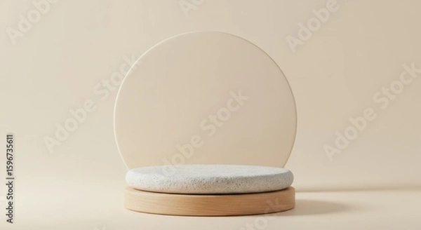 Fototapeta Minimalist display stand with round base and oval backdrop on a neutral background.