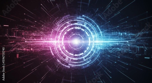 Fototapeta Abstract digital artwork with concentric circles, pink and blue light, and radiating lines.