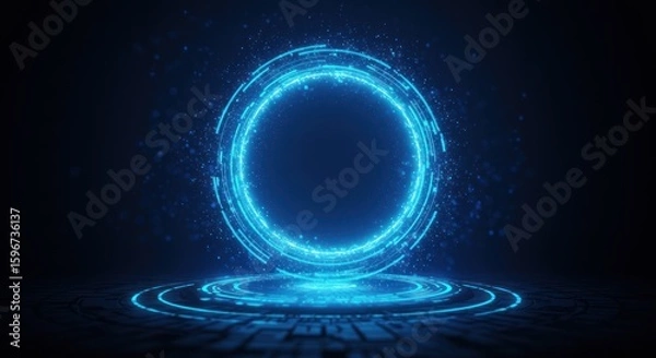 Fototapeta Glowing blue circular portal with energy effects on a dark background.