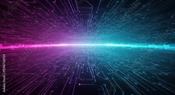 Fototapeta Abstract network background with glowing lines in blue and pink on dark.