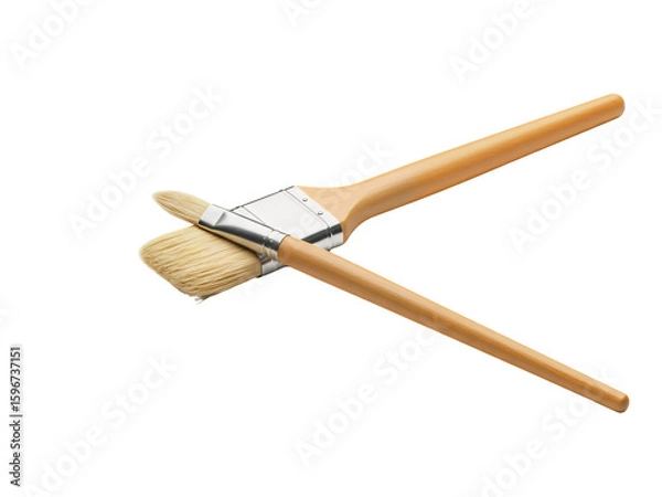 Fototapeta Two paintbrushes with wooden handles and metal ferrules are arranged on a black background