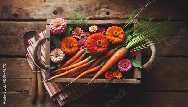Fototapeta Rustic Fresh Carrots and Colorful Zinnias in Wooden Crate Still Life