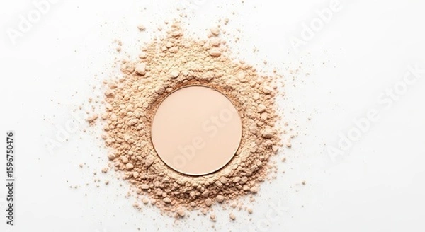 Fototapeta A scattering of light beige powder with an oval cutout creating a unique makeup texture background