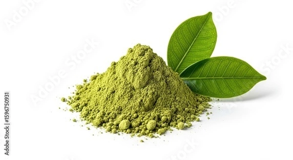 Fototapeta A vibrant pile of finely ground green powder sits beside fresh green leaves on a clean white background