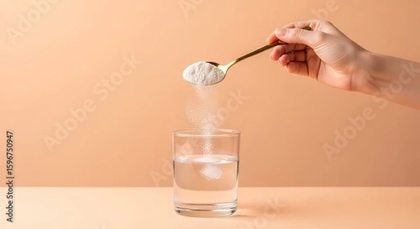 Fototapeta Hand holding a spoon with white powder dissolving into a glass of water against a peach background