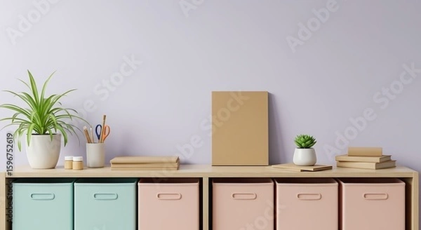 Fototapeta Pastel-colored storage bins, books, plants, and stationery neatly organized on a light wood shelf against a pale purple wall.