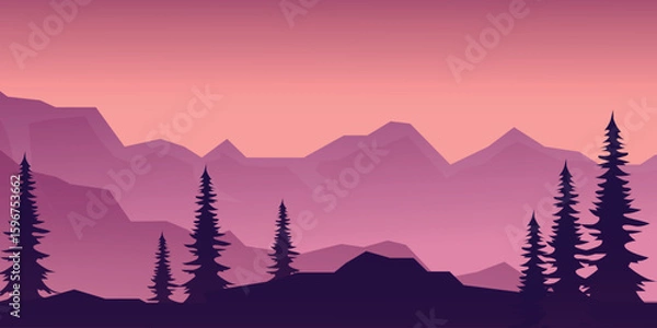 Fototapeta Sunset over the mountains in pink and purple color scheme with dark silhouettes of coniferous trees and rocks.