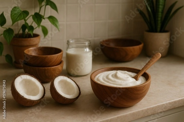 Fototapeta Wooden bowls filled with creamy yogurt and fresh coconuts on a countertop, accompanied by green plants, creating a serene kitchen atmosphere