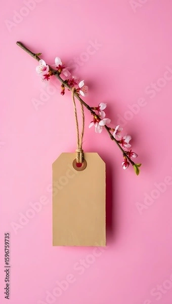 Fototapeta Blank tag mockup with cherry blossom branch on pink background for spring sale ad