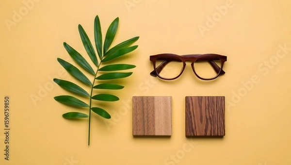 Fototapeta Wooden eyeglasses frames with leaf and coasters on yellow background flat lay style