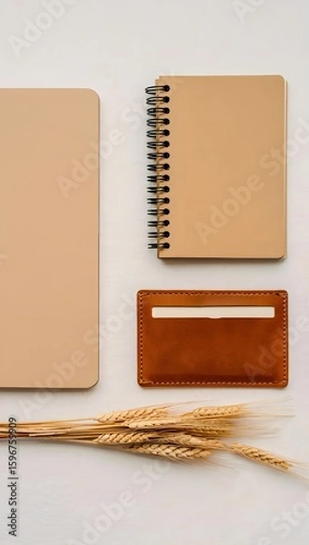 Fototapeta Flat lay of notebooks card holder and wheat stalks for office supplies and stationery