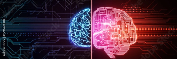 Fototapeta AI concept with circuit brain graphic for tech website or blog, futuristic 3:1 banner in neon blue and red with copy space on sides for digital content or landing page