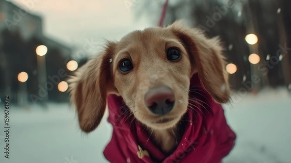 Fototapeta Cute Dachshund Dog in Red Jacket Enjoying Winter Snow Outdoors