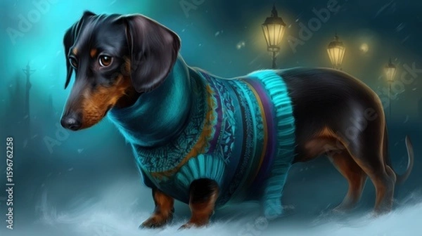 Fototapeta A Dachshund in a Colorful Sweater on a Winter Evening in Snow
