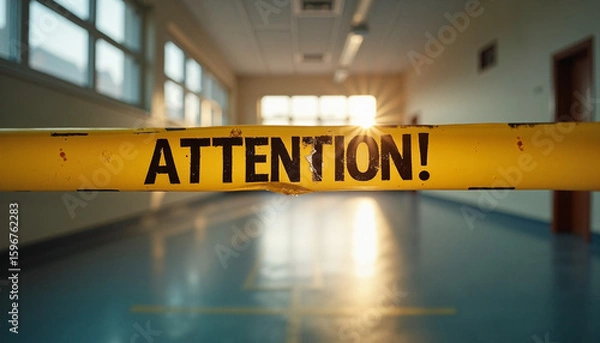 Fototapeta Caution tape reading "Attention!" in empty school hallway  