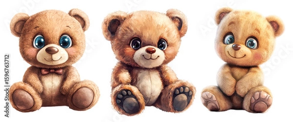 Fototapeta Set of three adorable teddy bears sitting in a row with white background
