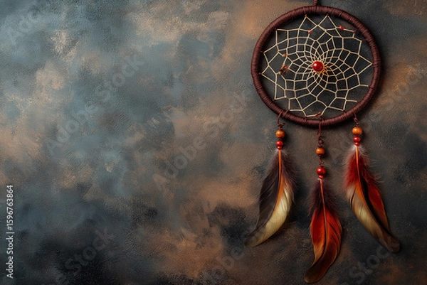Obraz Bohemian Dreamcatcher with Feathers on Textured Earthy Background