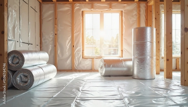 Fototapeta Insulated room with rolls of material and sunlight through window  