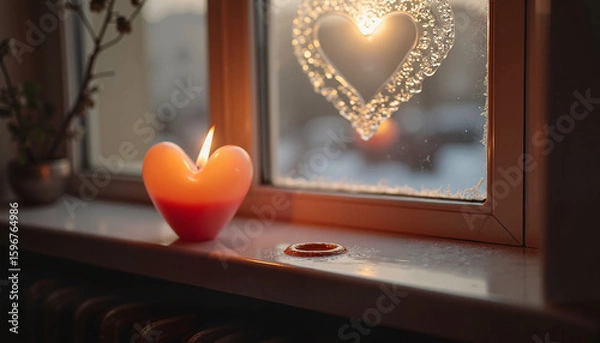 Fototapeta Heart-shaped candle glowing on windowsill with frosted heart design  