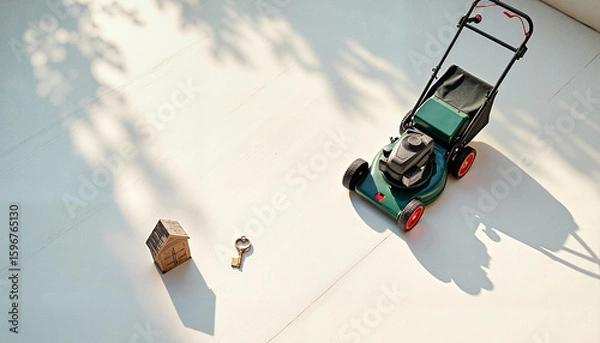 Fototapeta Lawn mower and garden tools on patio with sunlight and shadows  