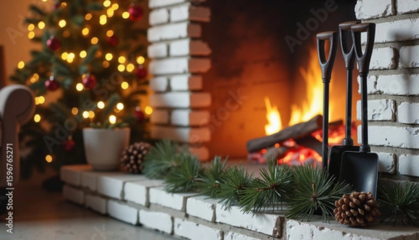 Fototapeta Cozy fireplace adorned with pinecones and Christmas tree in background  