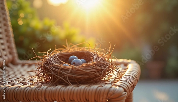 Fototapeta Nest with blue eggs on wicker chair during sunset in garden  