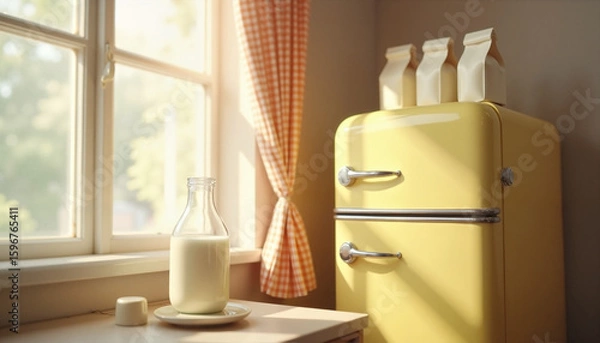 Fototapeta Vintage yellow refrigerator with milk and a sunny window view  
