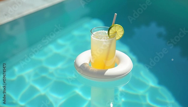 Fototapeta Refreshing yellow cocktail with lime slice on poolside float  