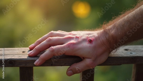 Fototapeta Man's injured hand resting on wooden railing in natural setting  