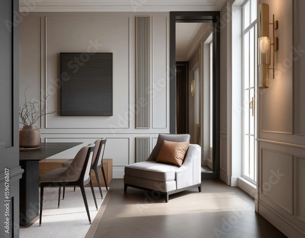 Fototapeta Aesthetic beautiful elegant  modern luxury interior design. Clear mock up empty wall for decoration in the apartment, painting frame. Copy space in the room.