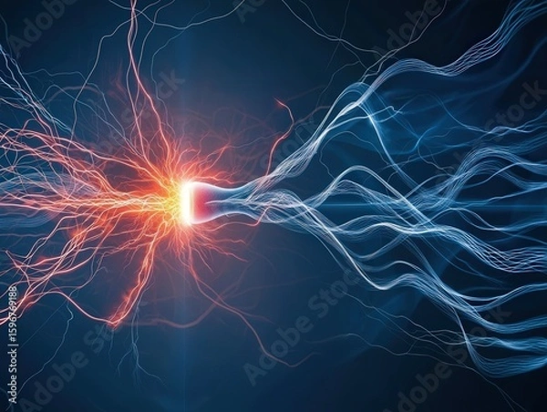 Fototapeta electricity current storage Concept. Electric currents radiate from a central source, creating dynamic, flowing patterns against a dark background.