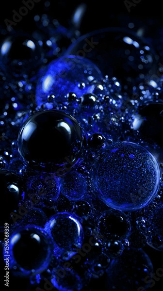 Obraz Abstract macro shot of blue bubbles and spheres in a dark setting