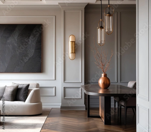 Fototapeta Aesthetic beautiful elegant  modern luxury interior design. Clear mock up empty wall for decoration in the apartment, painting frame. Copy space in the room.